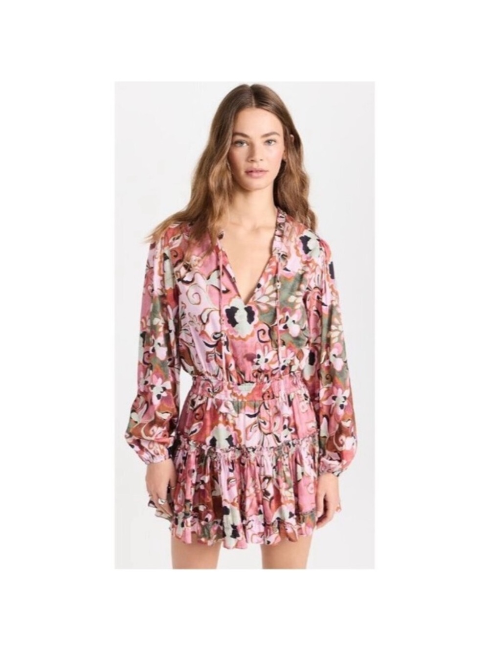 NWT Misa Los Angeles Pink Floral V-Neck Long Sleeve Mini Dress! Size Medium